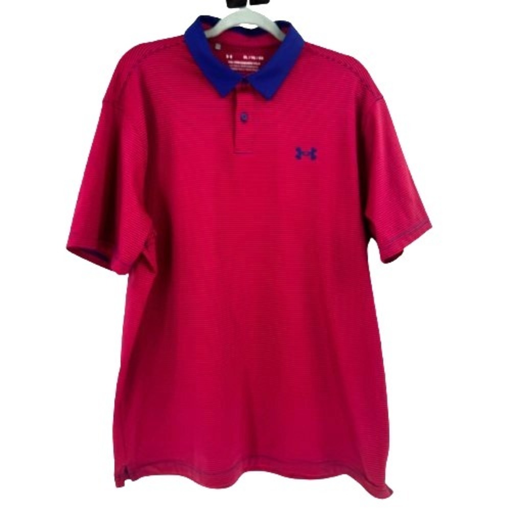 Under Armour The Performance Golf Polo Shirt Men's XL Red With‎ Blue Pin Stripes
